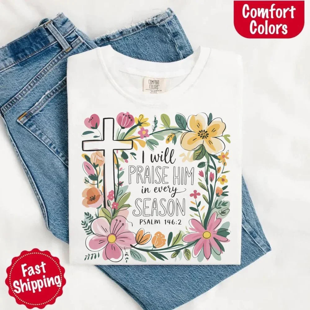 White Comfort Colors crewneck tee with floral cross and scripture text graphic