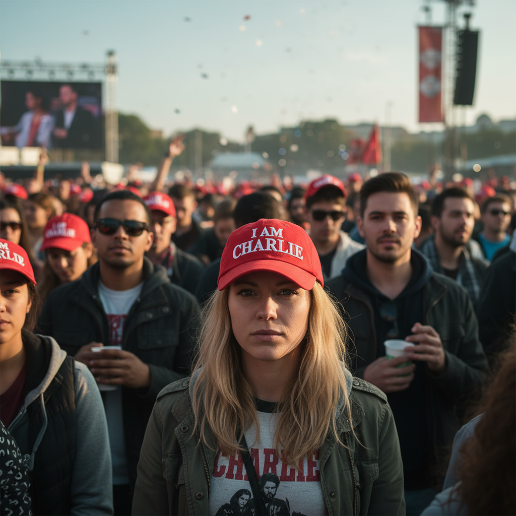 Red 'I AM CHARLIE' embroidered cap worn by person in crowd