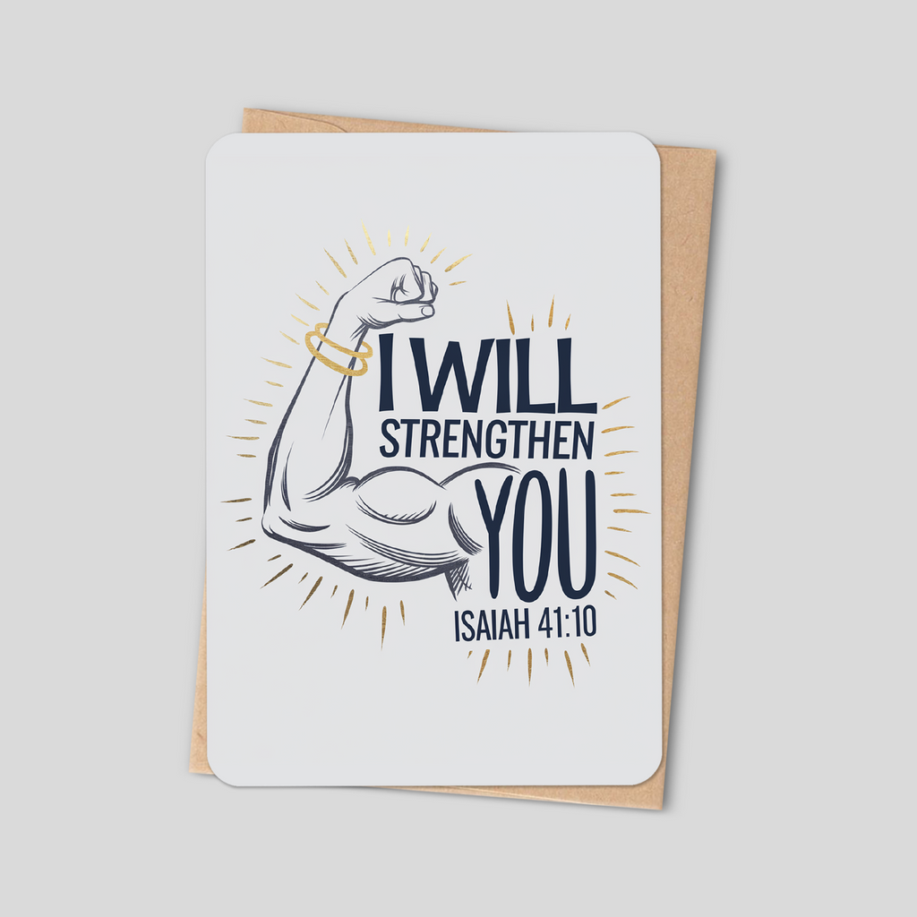 Bible verse card: 'I will strengthen you' Isaiah 41:10 with illustrated hands