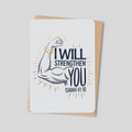 Bible verse card: 'I will strengthen you' Isaiah 41:10 with illustrated hands