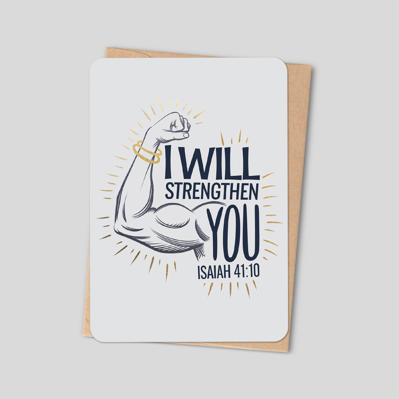 Bible verse card: 'I will strengthen you' Isaiah 41:10 with illustrated hands