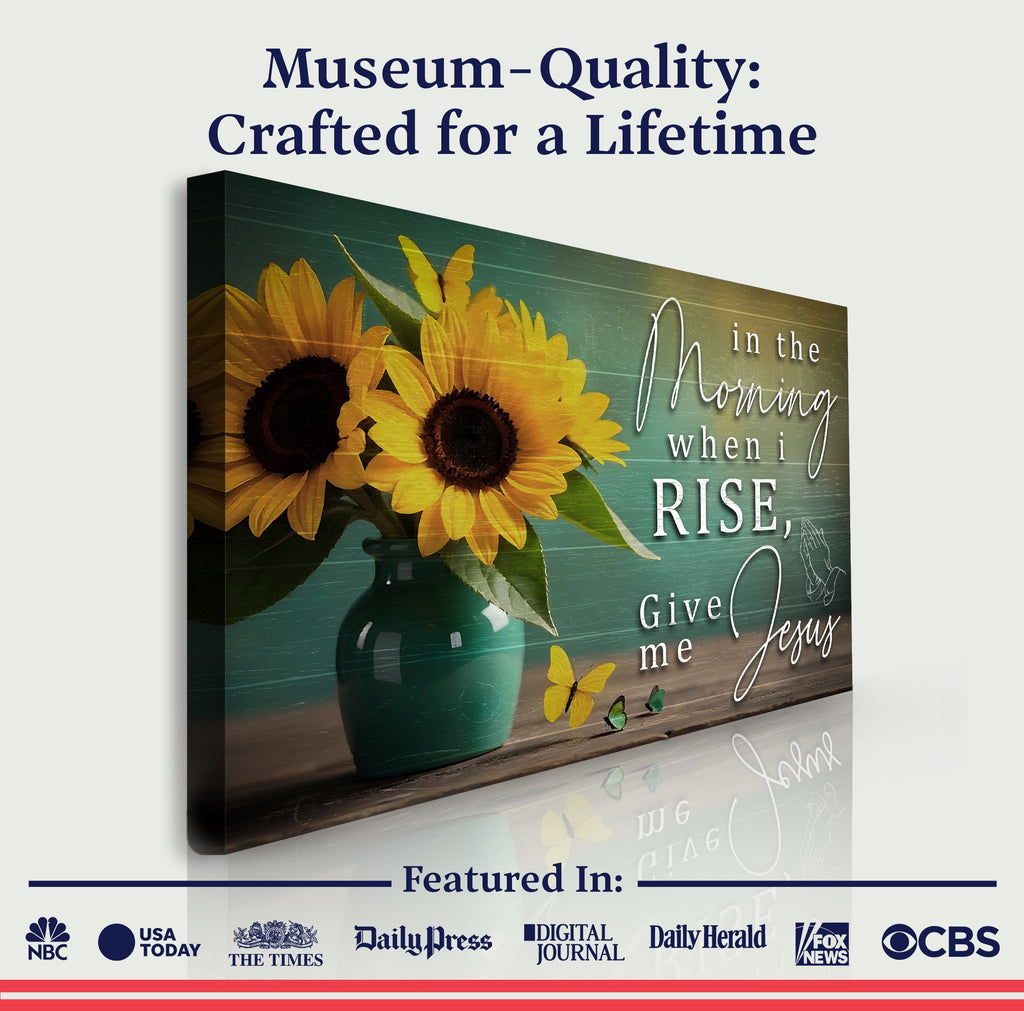 Sunflower faith wall art canvas with green vase and white script text, framed-style mockup