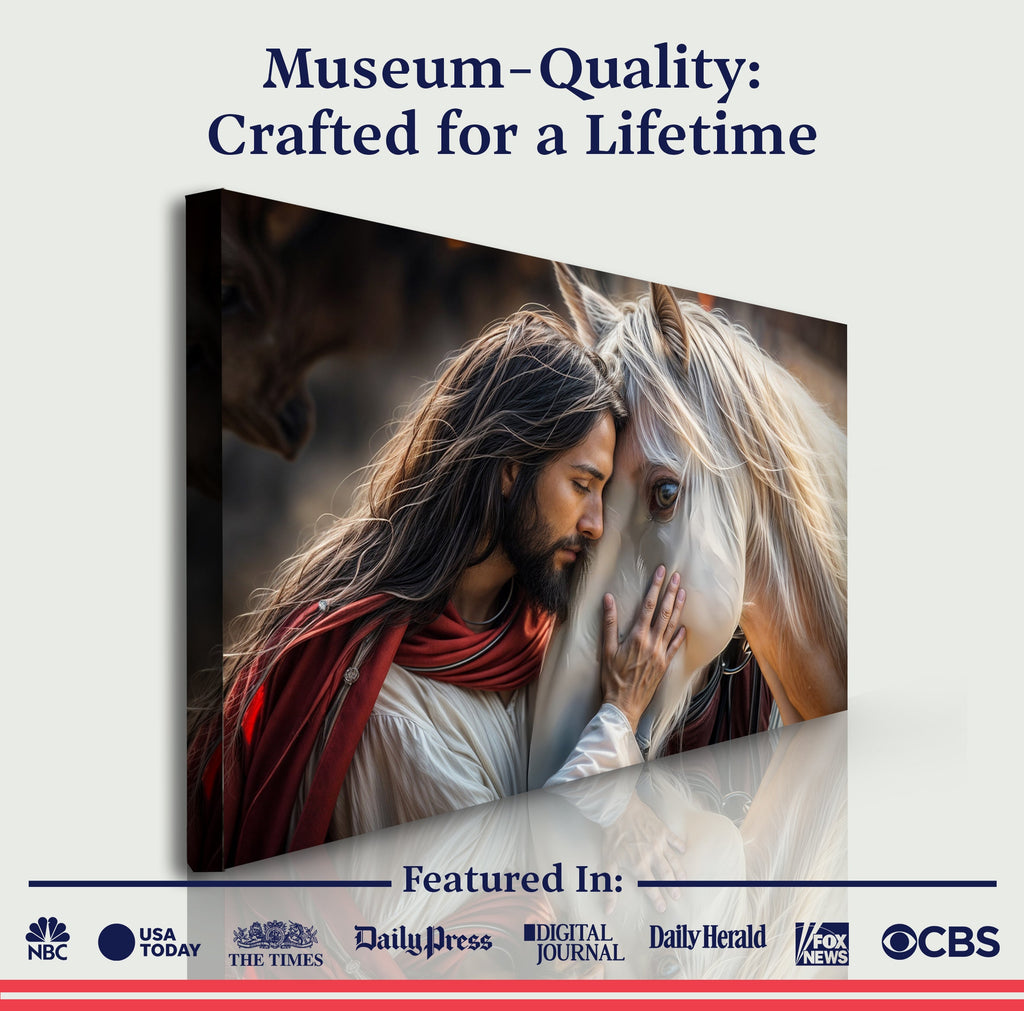 Framed landscape canvas wall art of Jesus and a white horse