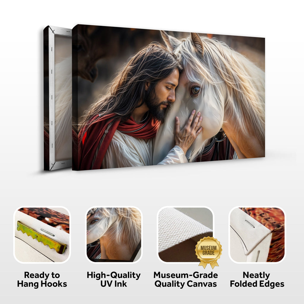 Landscape canvas wall art of Jesus and a white horse with side hooks