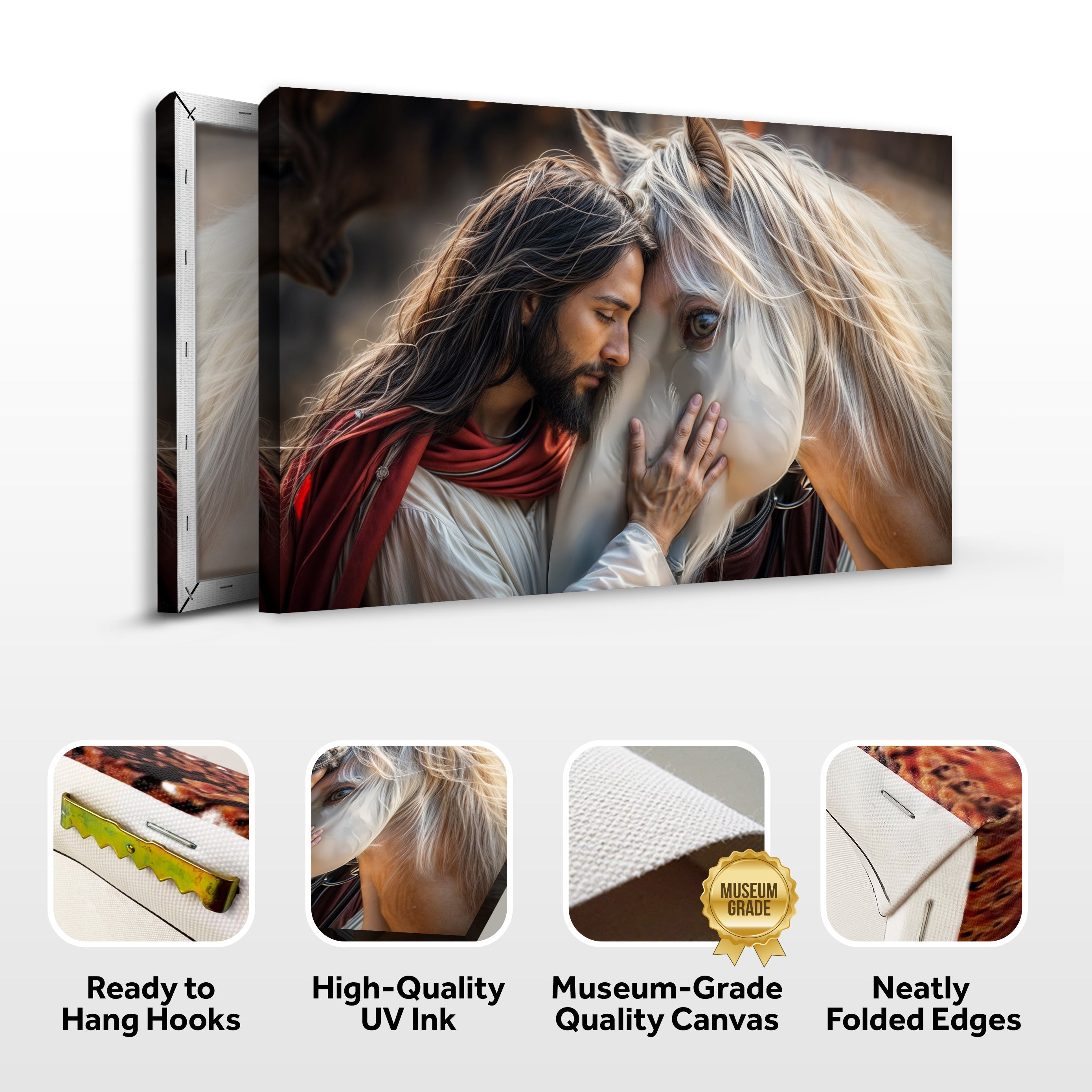 Landscape canvas wall art of Jesus and a white horse with side hooks