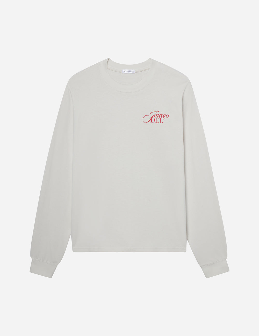 White long-sleeve unisex tee flat lay with small red chest script logo