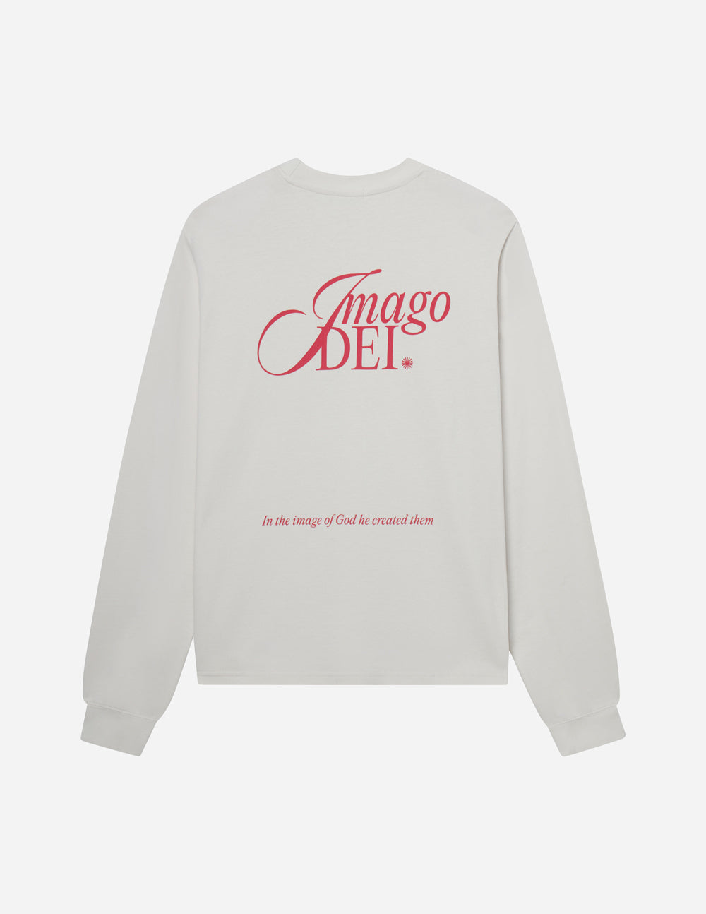 White long-sleeve unisex tee flat lay showing large red back script logo
