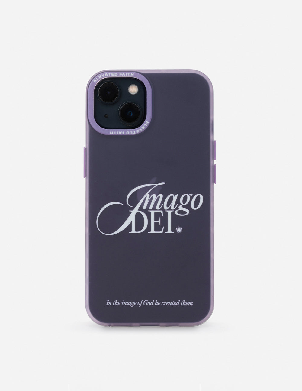 Purple phone case with Imago Dei graphic and camera cutout, side button openings