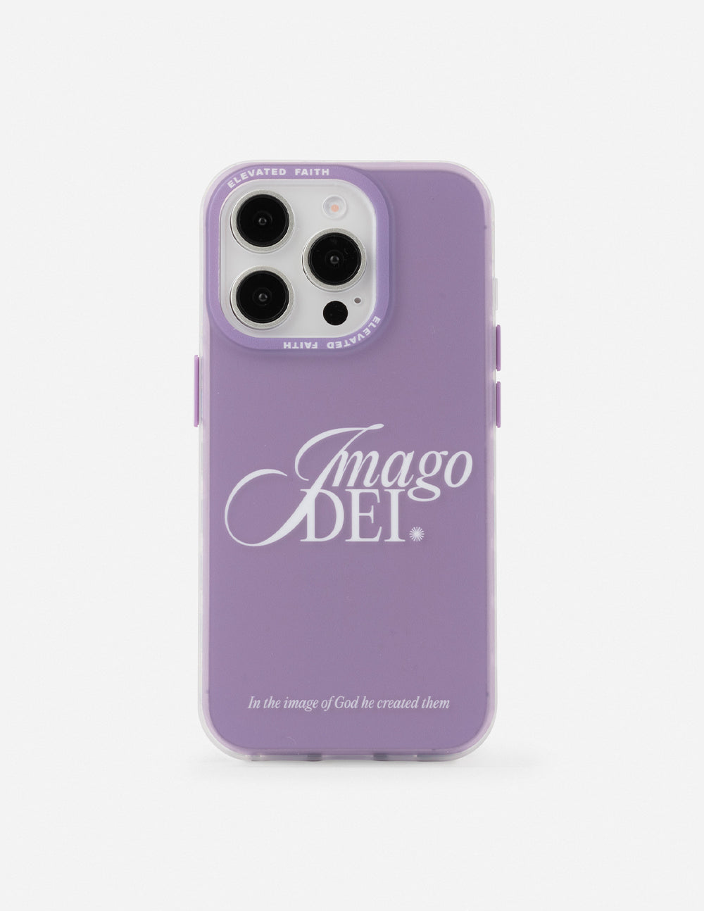 Lavender phone case with Imago Dei scripture graphic, cutouts for camera and buttons