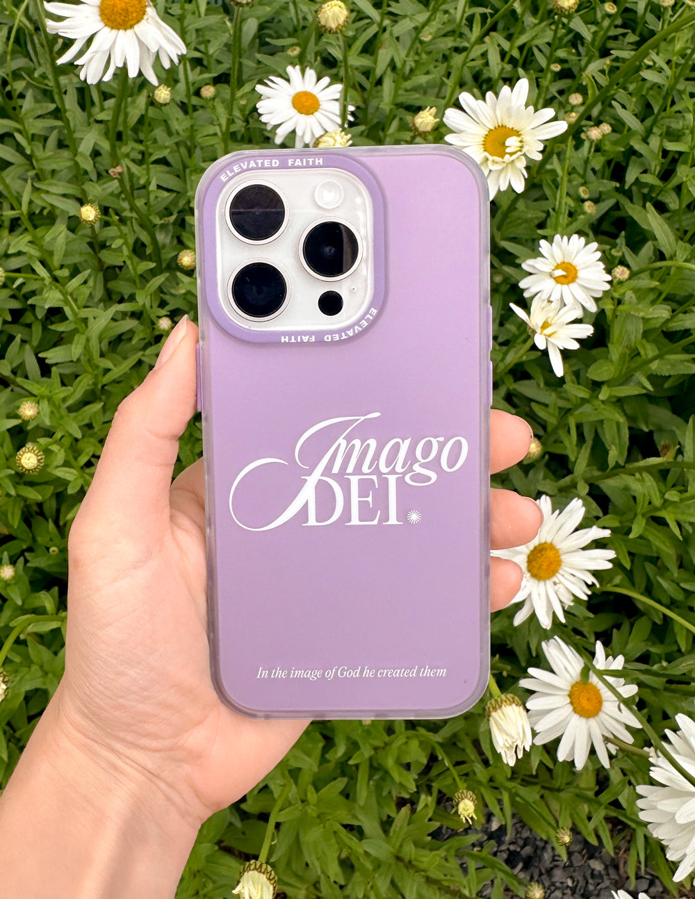 Lavender phone case with Imago Dei logo; camera and button cutouts visible