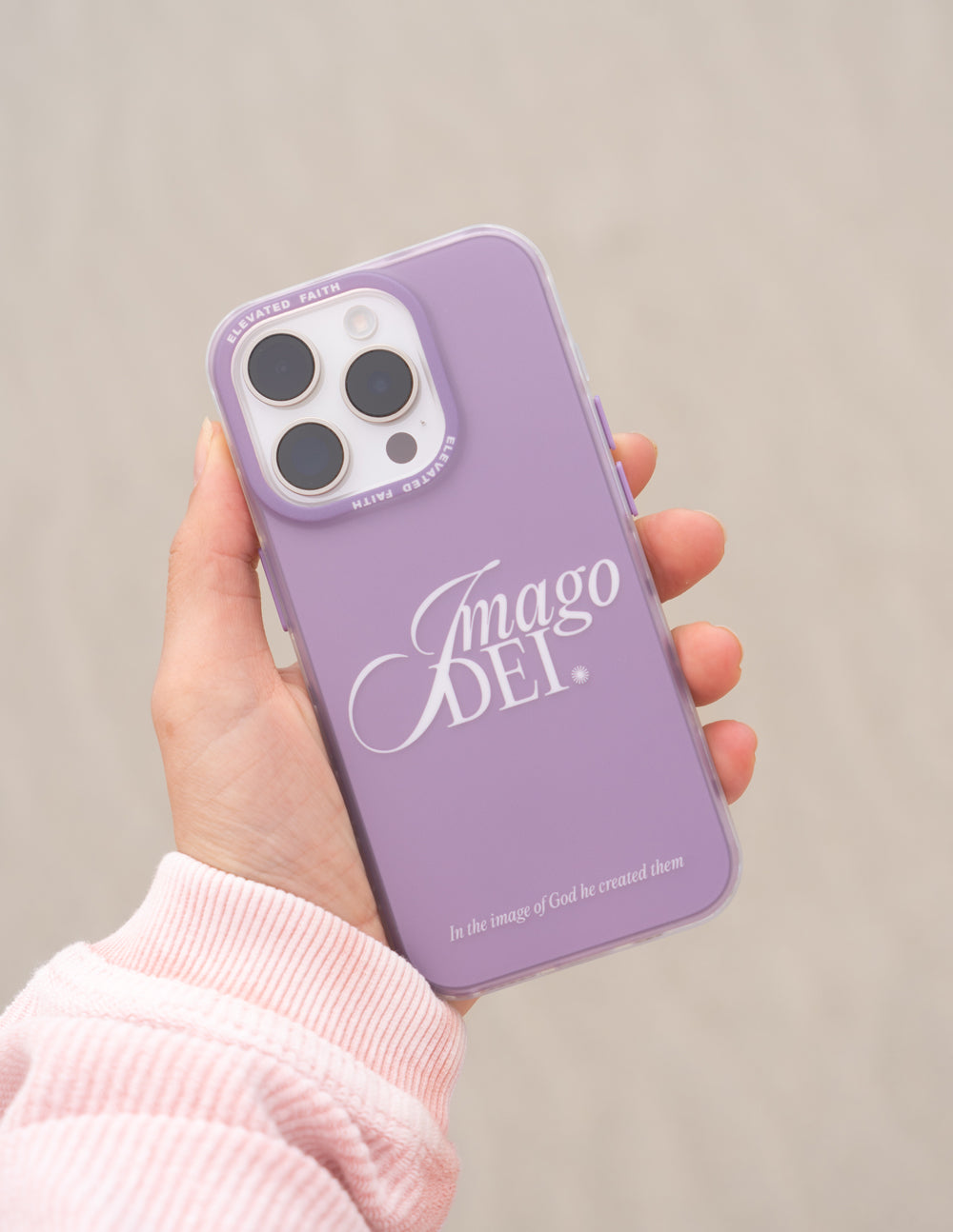 Lavender phone case with Imago Dei graphic on back; side button and camera cutouts