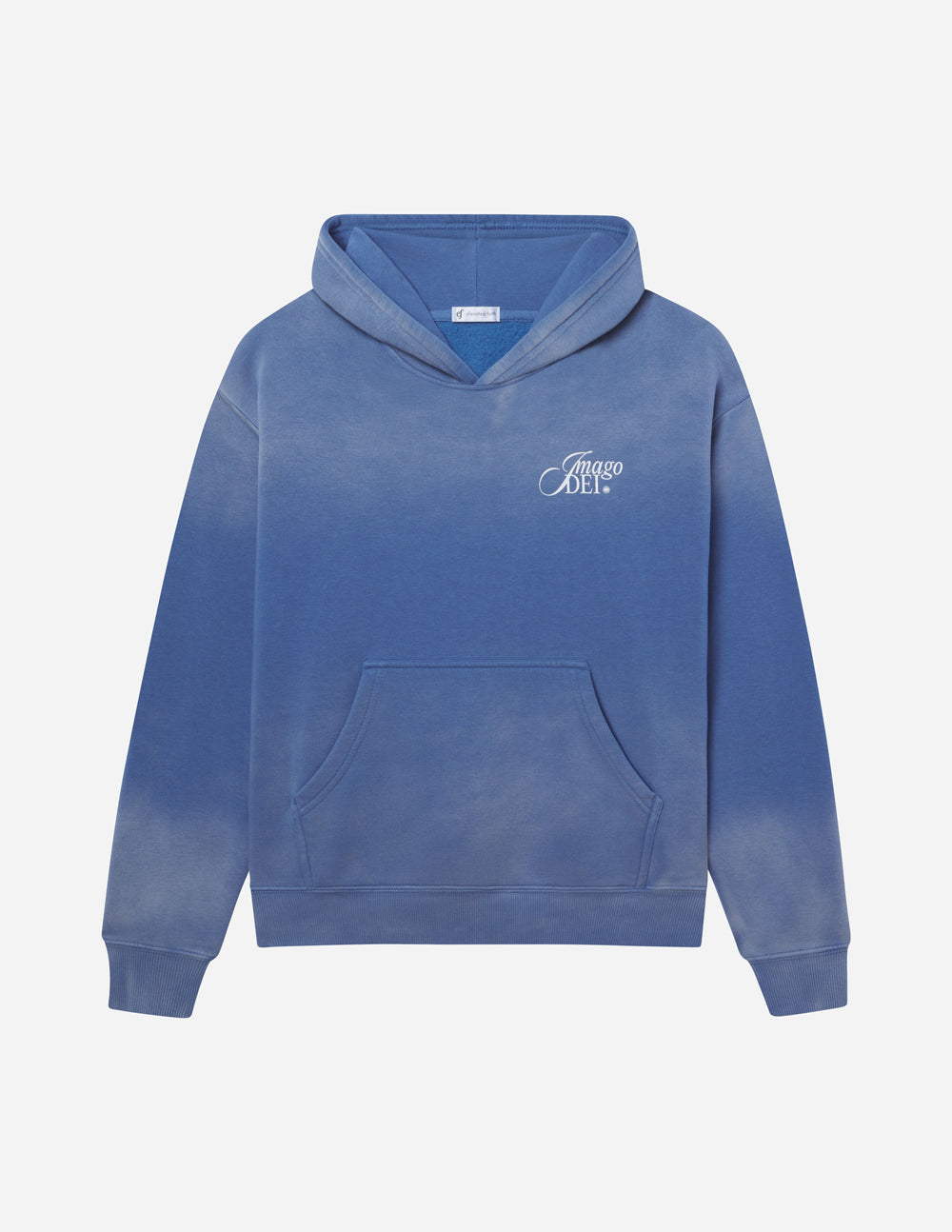 Blue unisex hoodie with hood and front kangaroo pocket, small Imago DEI logo