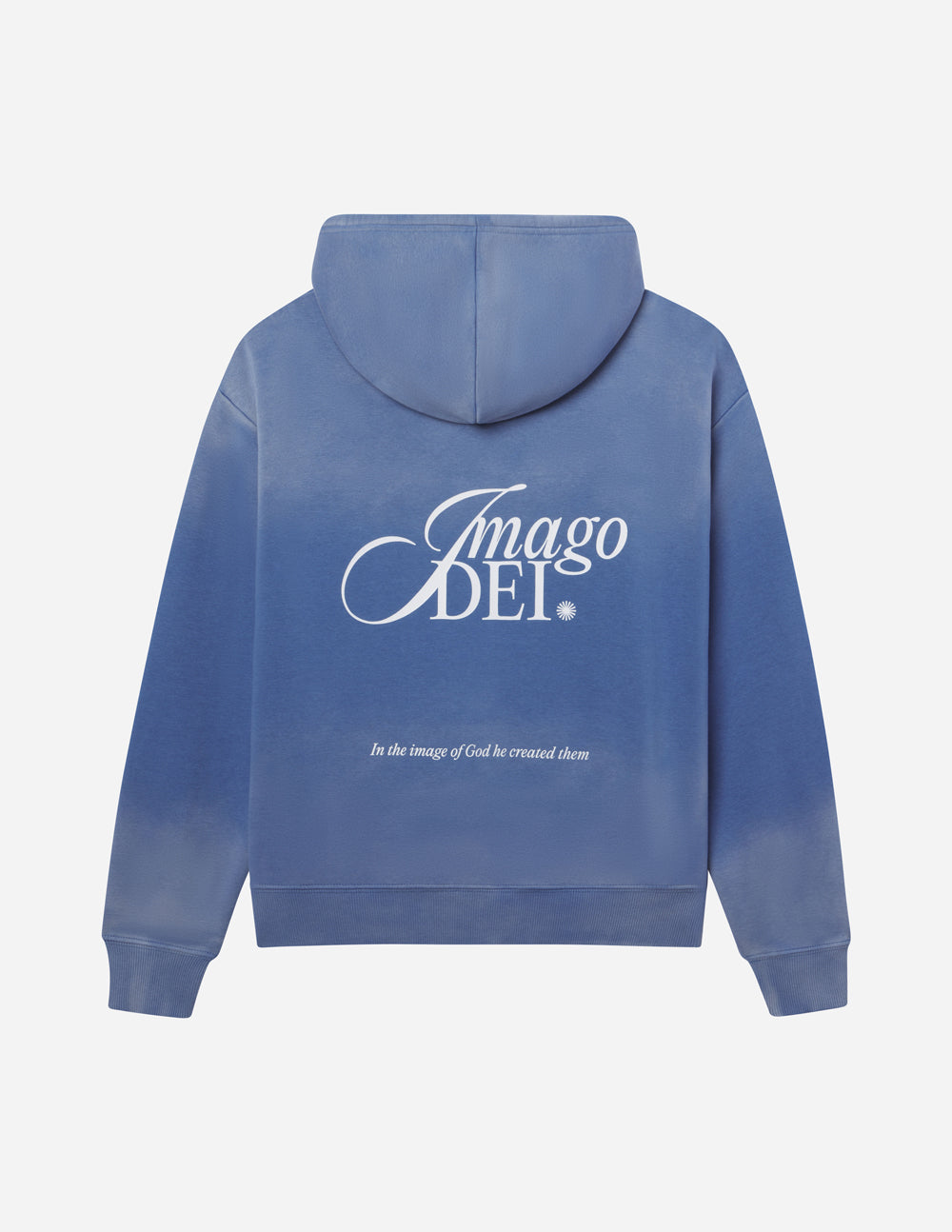 Blue unisex hoodie back with hood and centered Imago DEI logo, small tagline