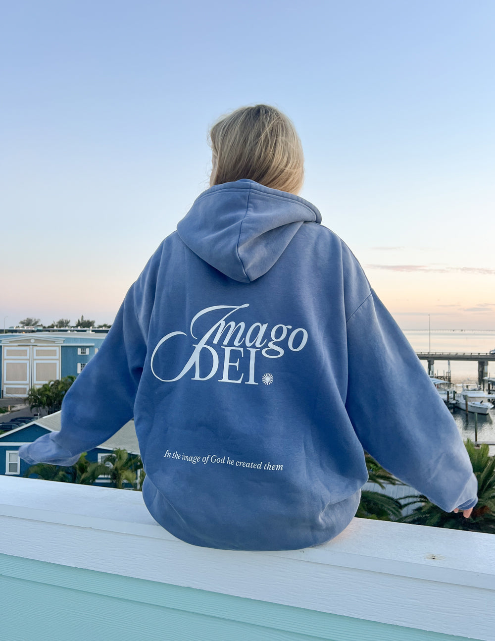 Blue unisex hoodie back with Imago DEI logo and small tagline beneath
