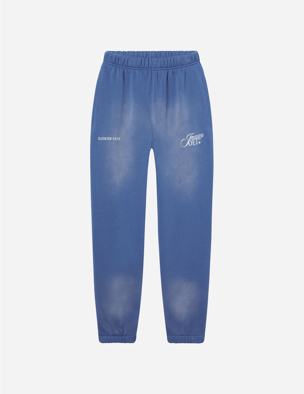 Blue unisex sweatpants, elastic waistband, Imago DEI side logos on jogger-style legs