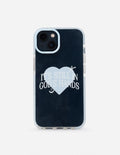 Phone case, dark navy back with heart graphic and 'It's still in God's hands' text