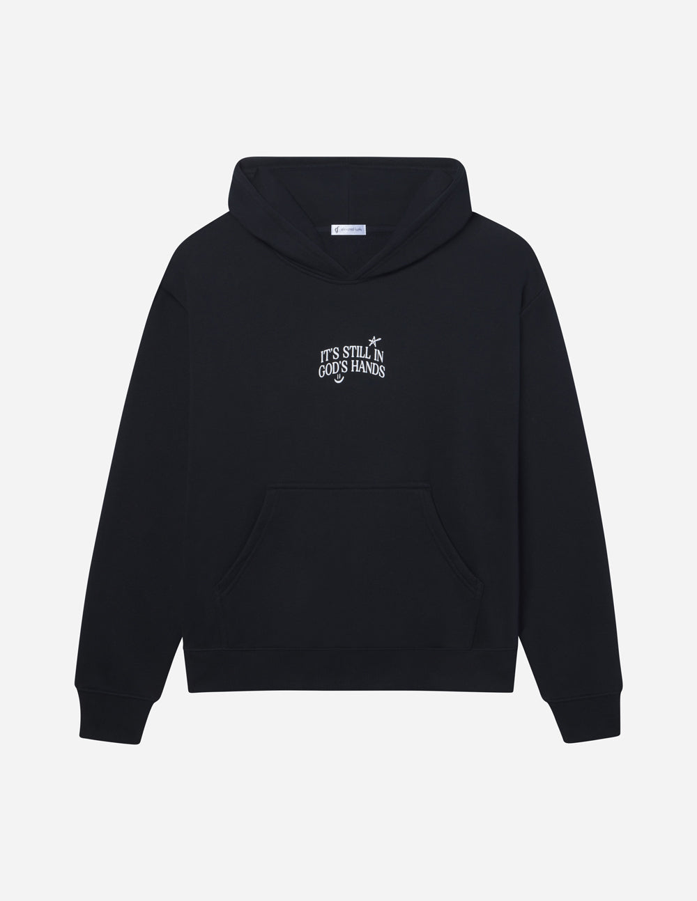 Black unisex hoodie product photo with hood, front pocket, and chest logo