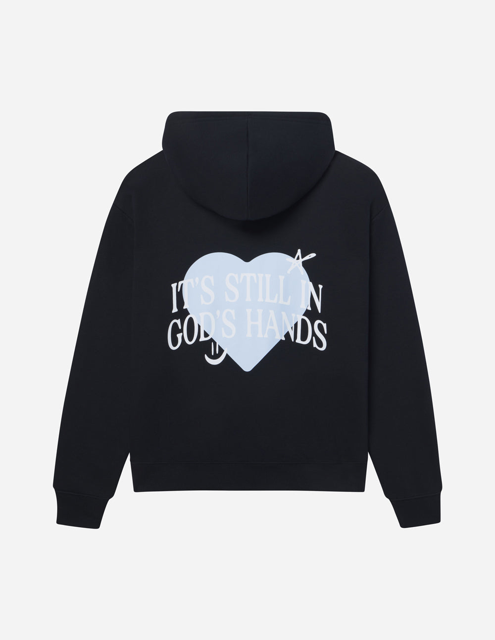 Black unisex hoodie product photo with back heart graphic and hood