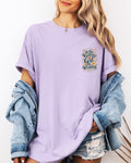Lavender women’s graphic T-shirt with short sleeves and chest logo print