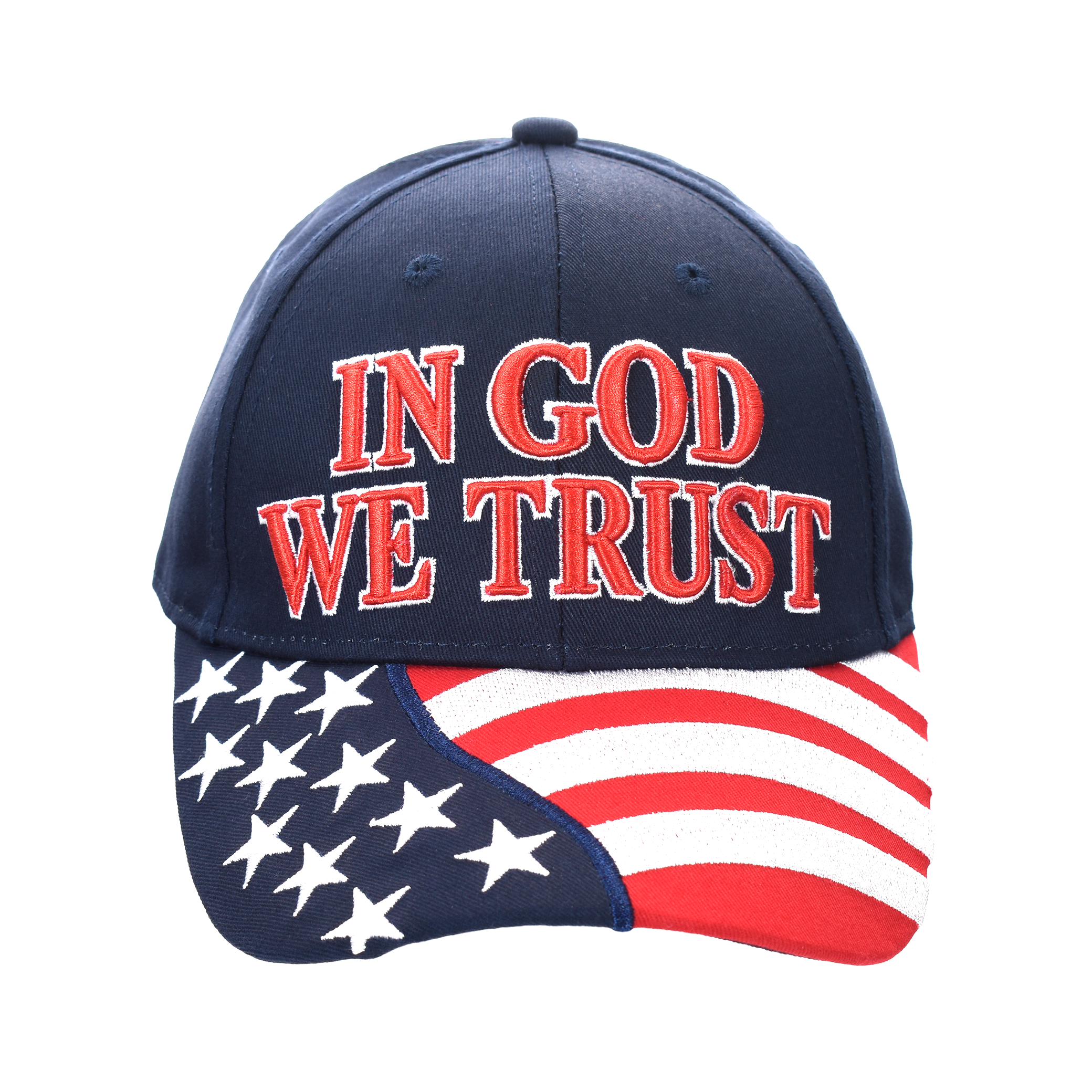 Navy cotton twill cap with "IN GOD WE TRUST" and American flag patch