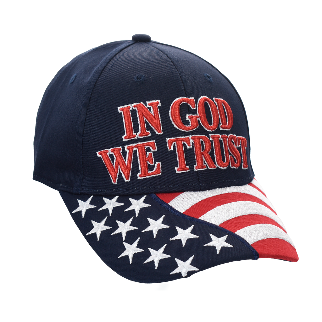 Navy cotton twill cap with arched "IN GOD WE TRUST" text and American flag brim