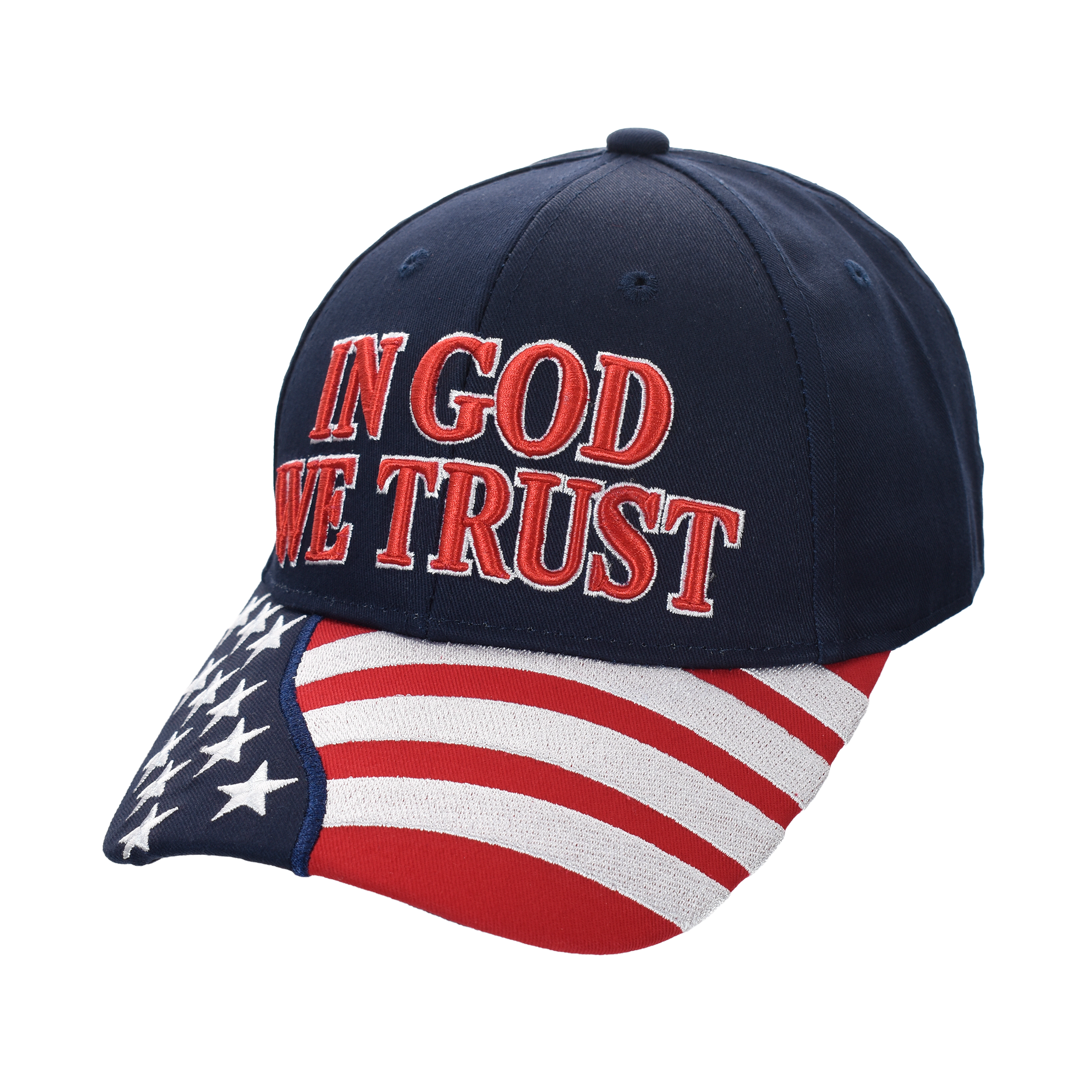 Navy cotton twill cap with curved "IN GOD WE TRUST" embroidery and flag patch
