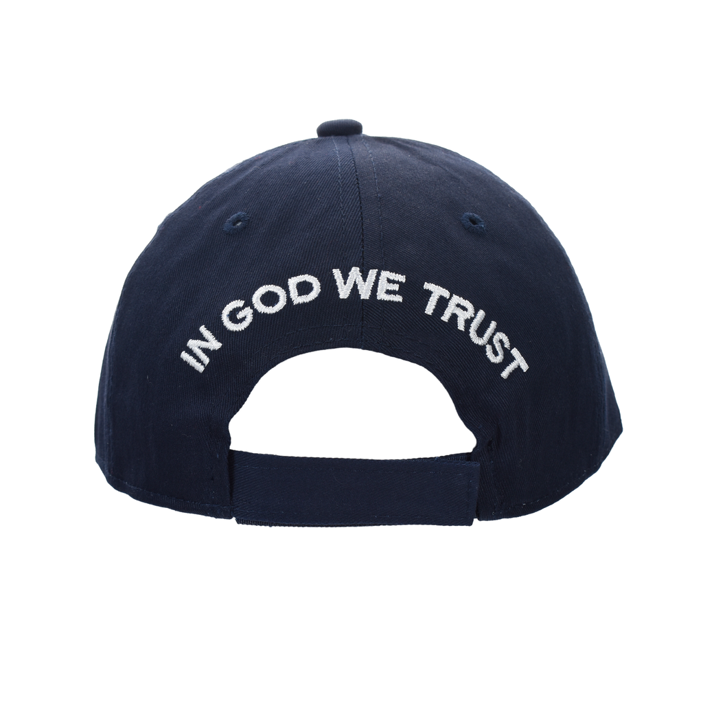 Navy cotton twill cap back with "IN GOD WE TRUST" text across the crown