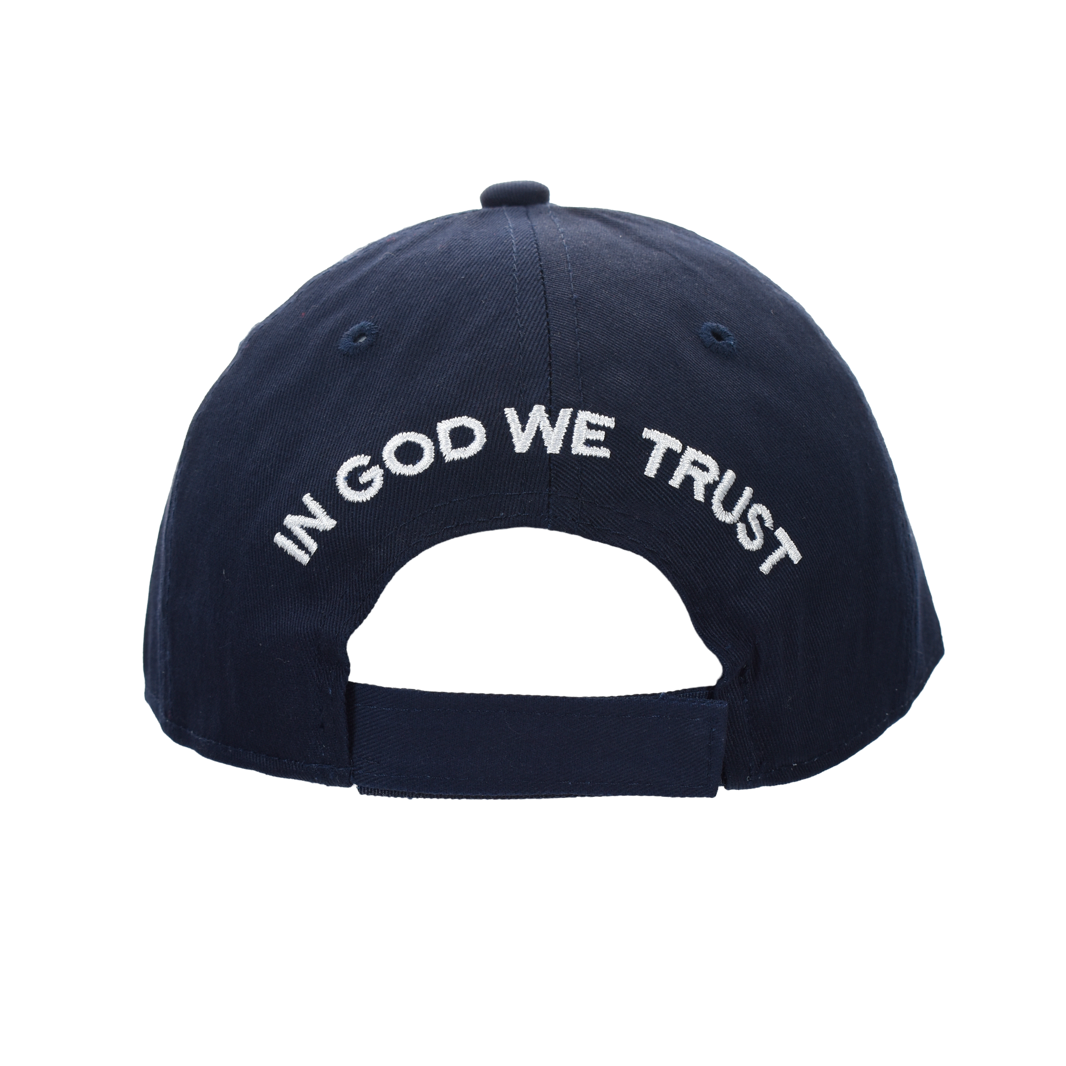 Navy cotton twill cap back with "IN GOD WE TRUST" text across the crown