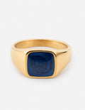 Gold signet ring with dark blue square stone bezel set