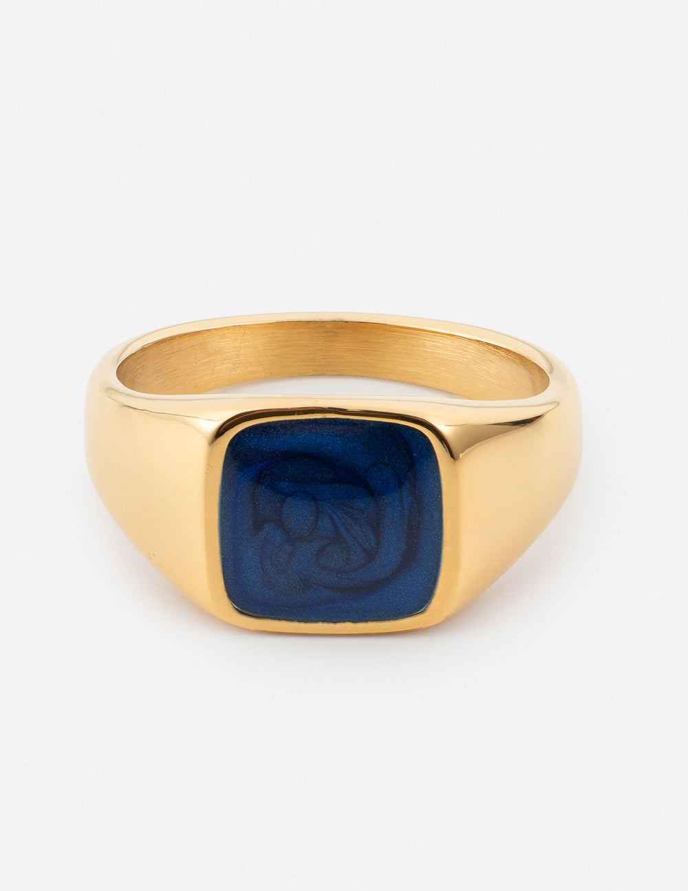 Gold signet ring with dark blue square stone bezel set