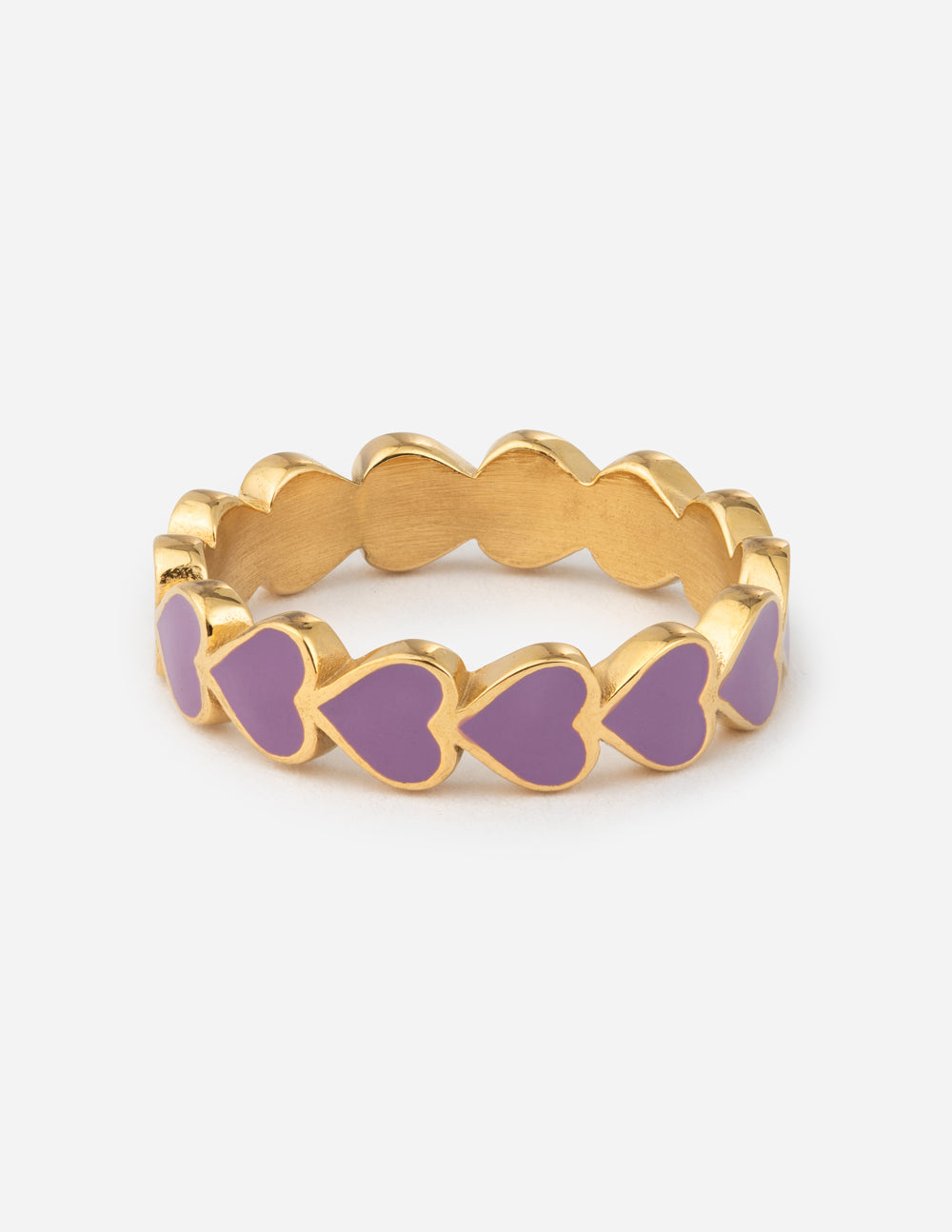 Gold-tone infinity heart ring with purple heart insets, scalloped band