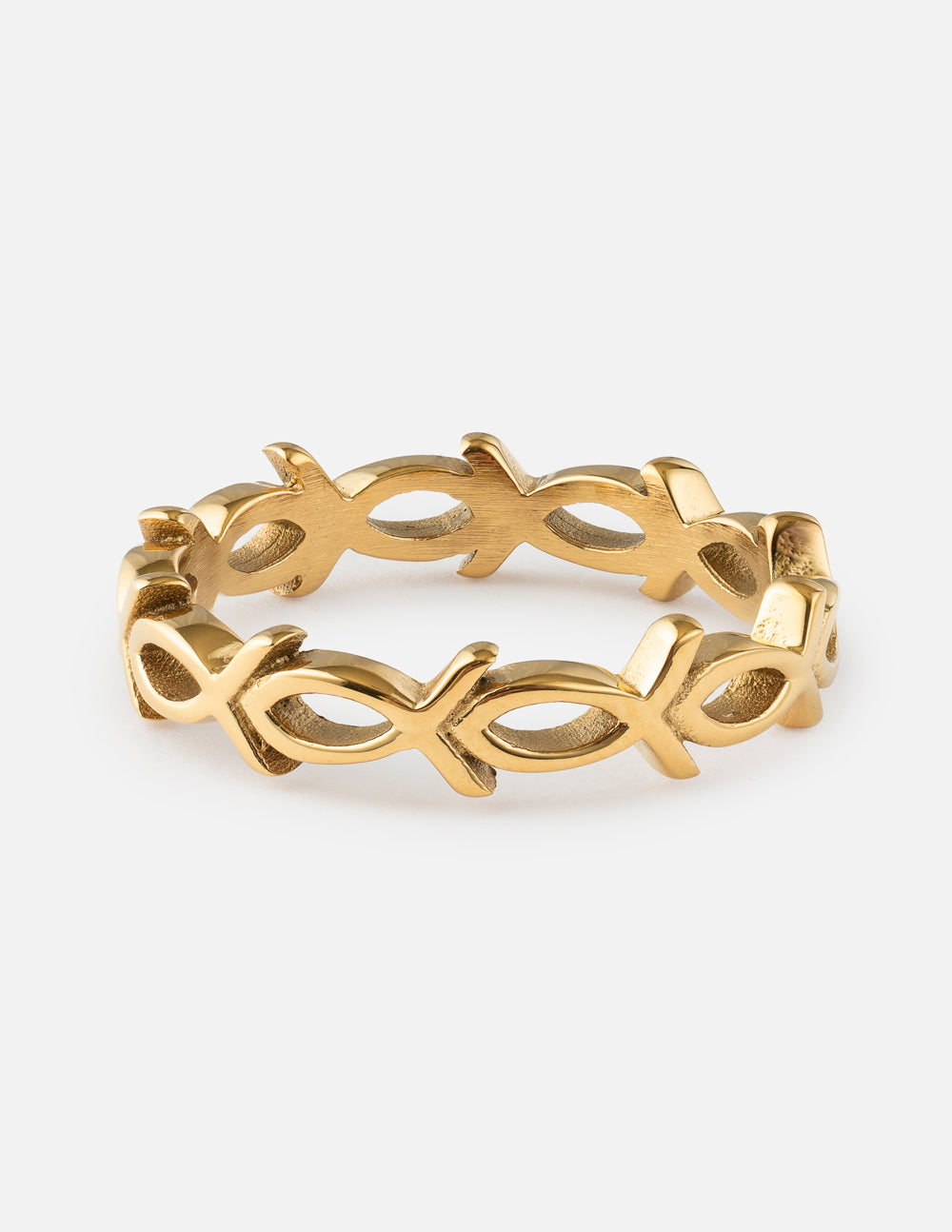Gold infinity fish motif ring, open band with linked fish shapes.