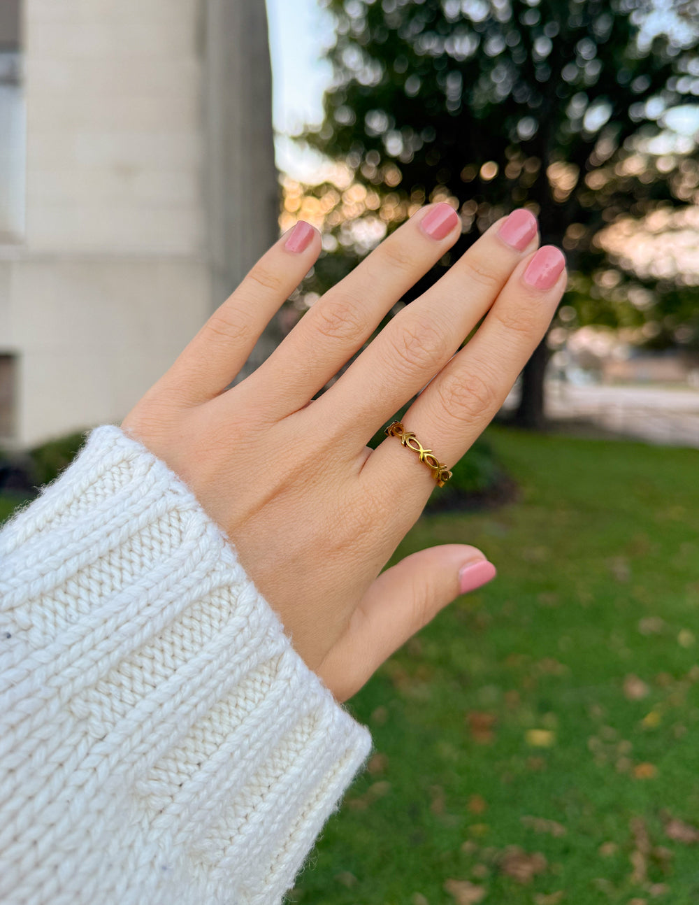 Gold infinity fish ring on hand, small fish links across a slim band.