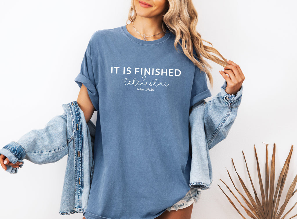 Dyed T-shirt in blue wash with 'IT IS FINISHED' and 'John 19:30' print