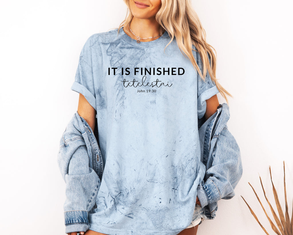 Dyed T-shirt in blue wash with 'IT IS FINISHED' and 'John 19:30' print
