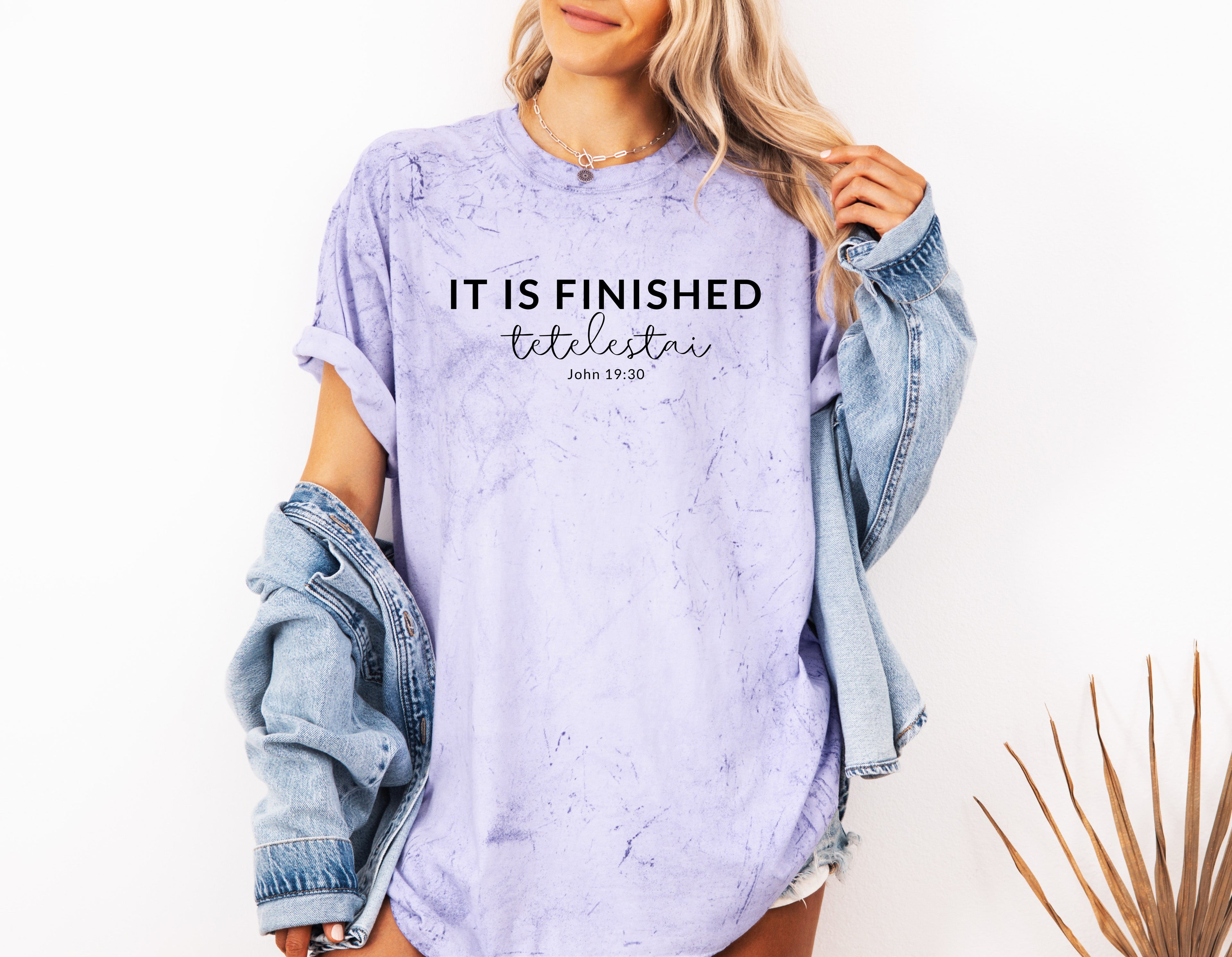 Unisex T-shirt, lavender with “IT IS FINISHED” chest graphic and short sleeves