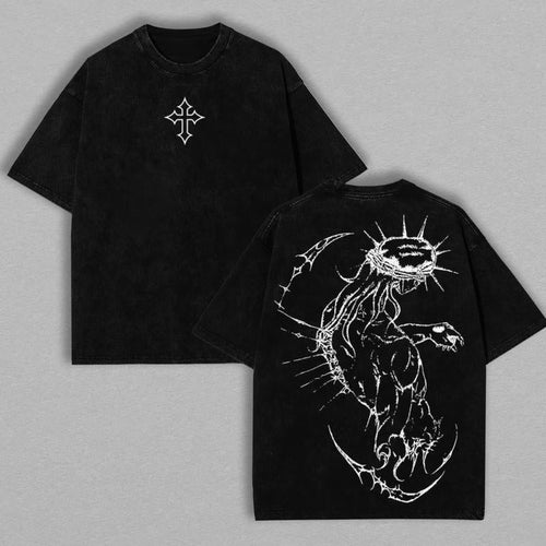 Black oversized T-shirt with small cross logo and large back graphic print