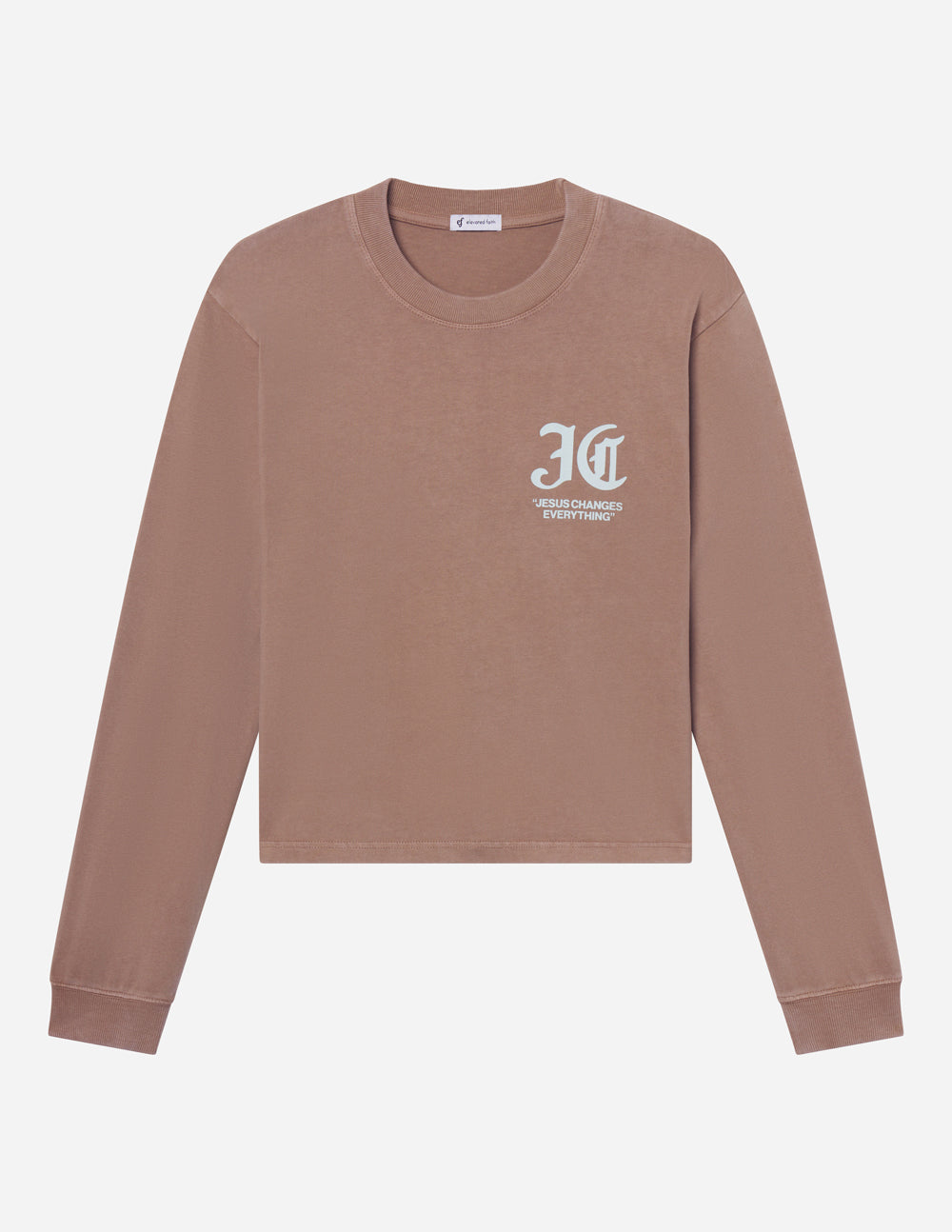 Tan long-sleeve heavyweight T-shirt with small chest logo print, flat lay