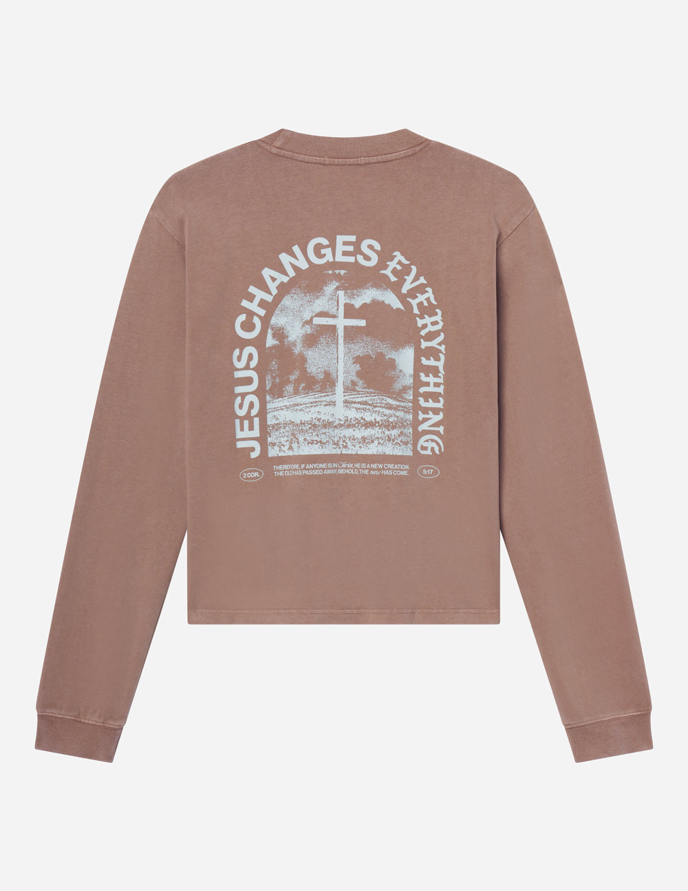 Tan long-sleeve heavyweight T-shirt back with large circular cross graphic, flat lay