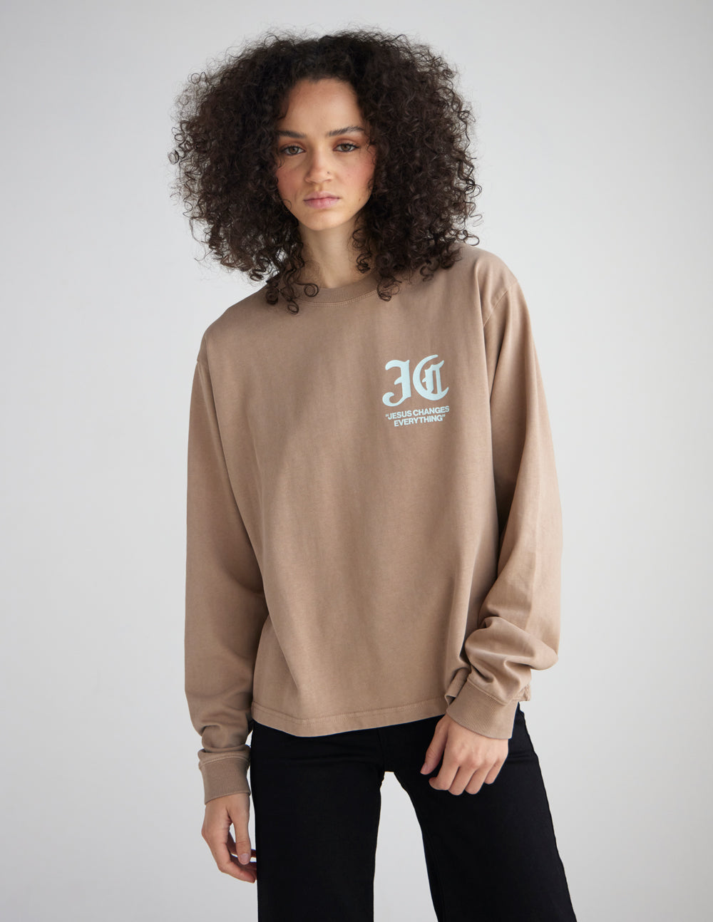 Long-sleeve heavyweight T-shirt in tan with small chest logo graphic