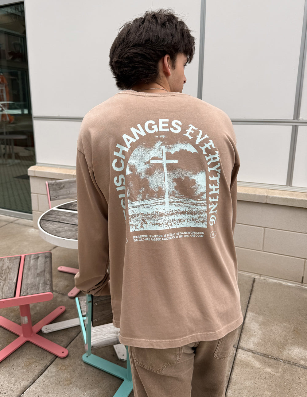 Long-sleeve heavyweight T-shirt back view with large circular graphic print