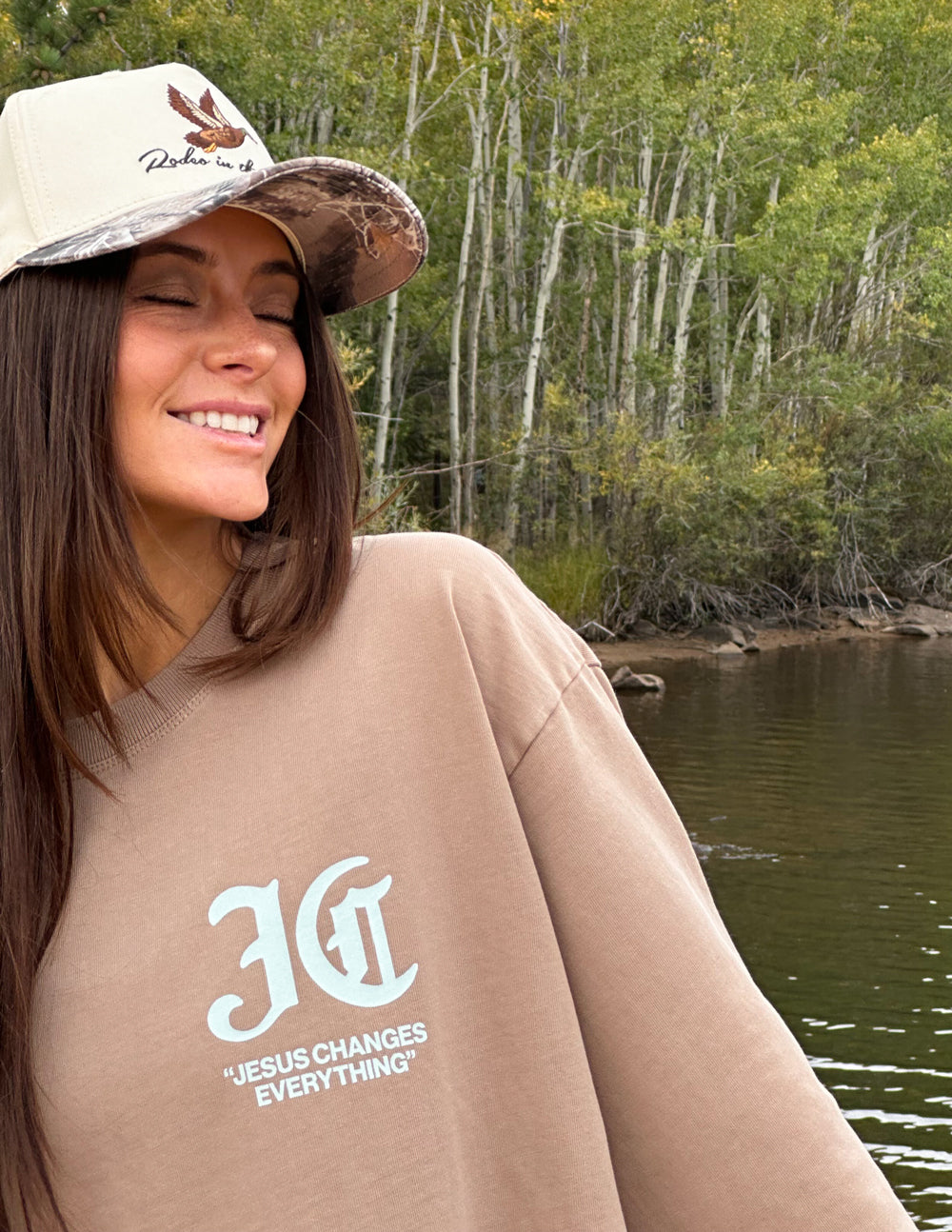 Long-sleeve heavyweight T-shirt in tan with front logo graphic