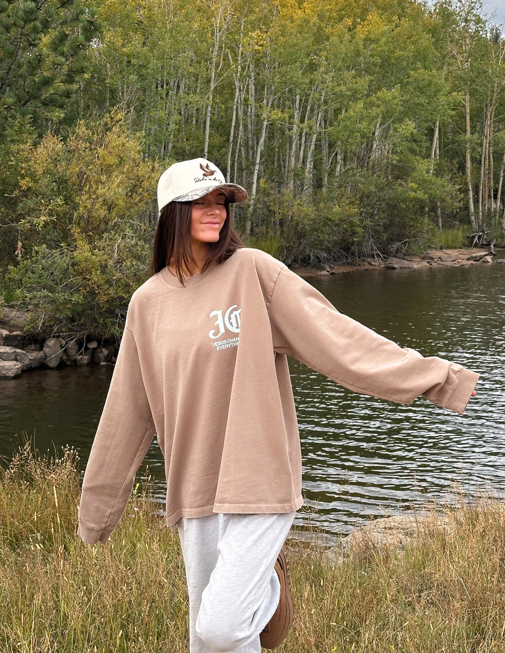 Long-sleeve heavyweight T-shirt in tan with chest logo graphic and crew neck