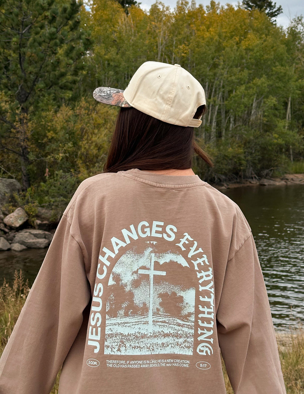 Long-sleeve heavyweight T-shirt back view with large circular cross graphic print