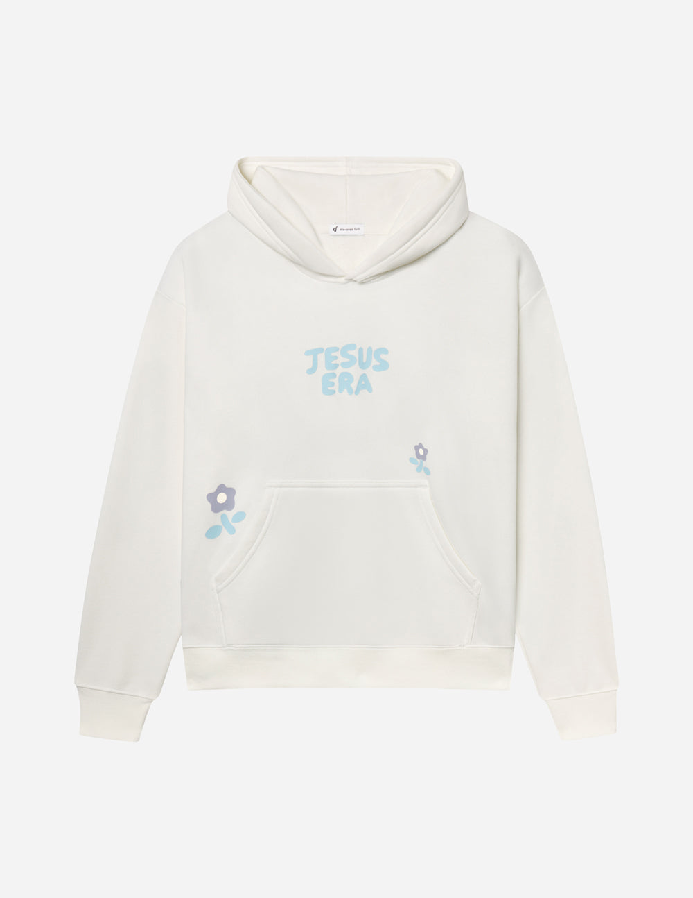 Off-white unisex hoodie flat front view with 'JESUS ERA' logo and kangaroo pocket