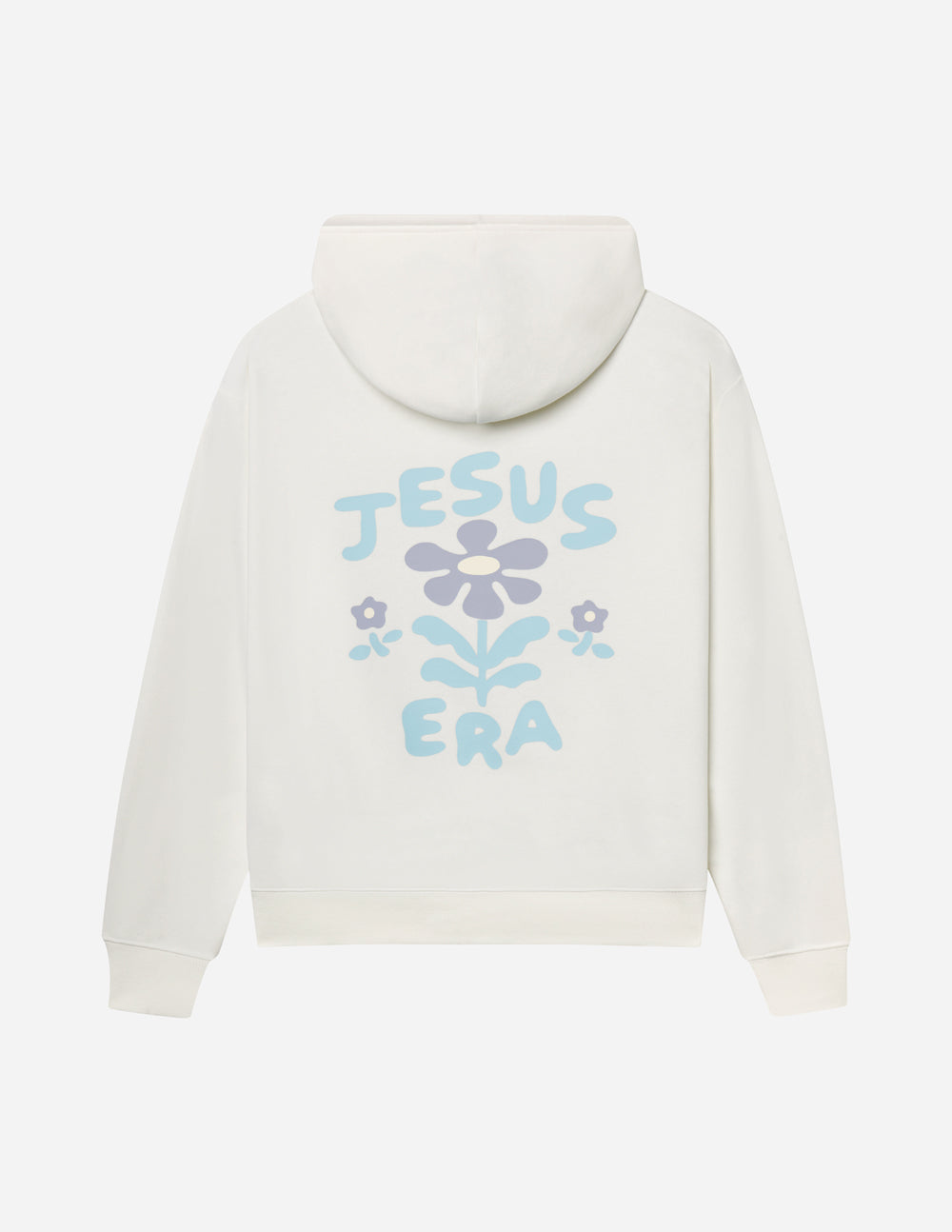 Off-white unisex hoodie flat back view with 'JESUS ERA' floral graphic