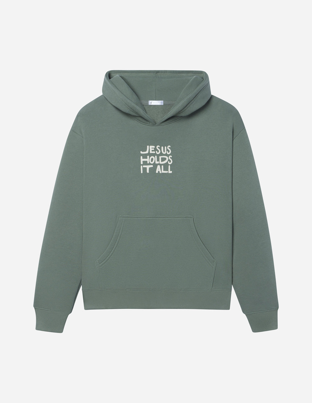 Unisex dark green hoodie with front pocket and 'JESUS HOLDS IT ALL' print