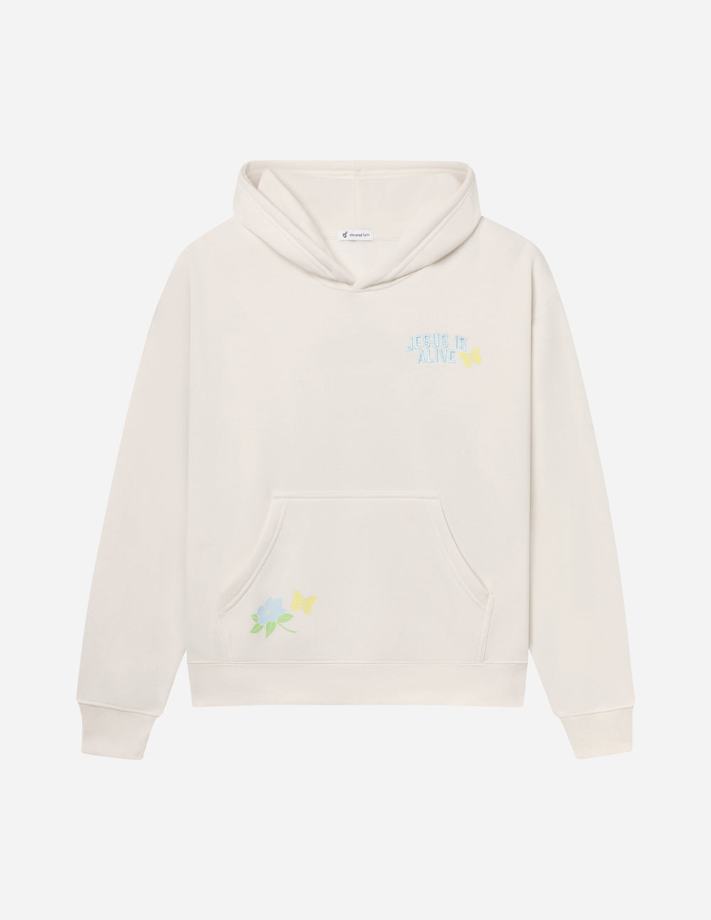 Light cream unisex hoodie with hood, kangaroo pocket, and small colorful chest print