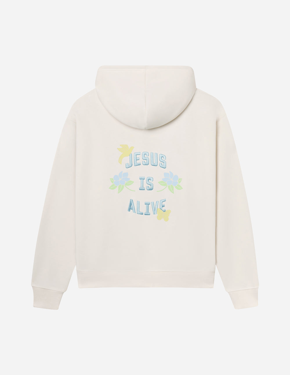 Light cream unisex hoodie with hood and colorful back text graphic