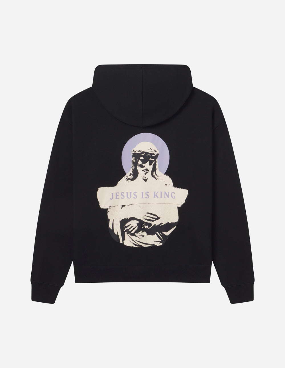 Black unisex hoodie with large back portrait graphic